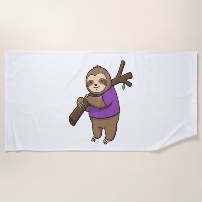 Sloth Hugging Tree Branch Wearing Purple Beach Towel (Front)
