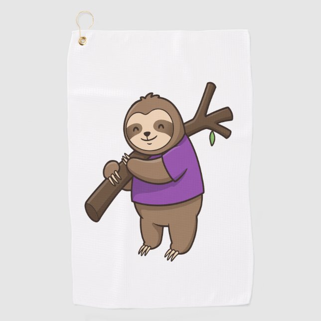 Sloth Hugging Tree Branch Wearing Purple Golf Towel (Front)