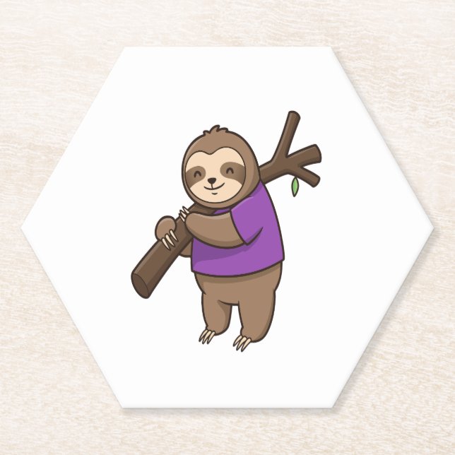 Sloth Hugging Tree Branch Wearing Purple Paper Coaster (Front)