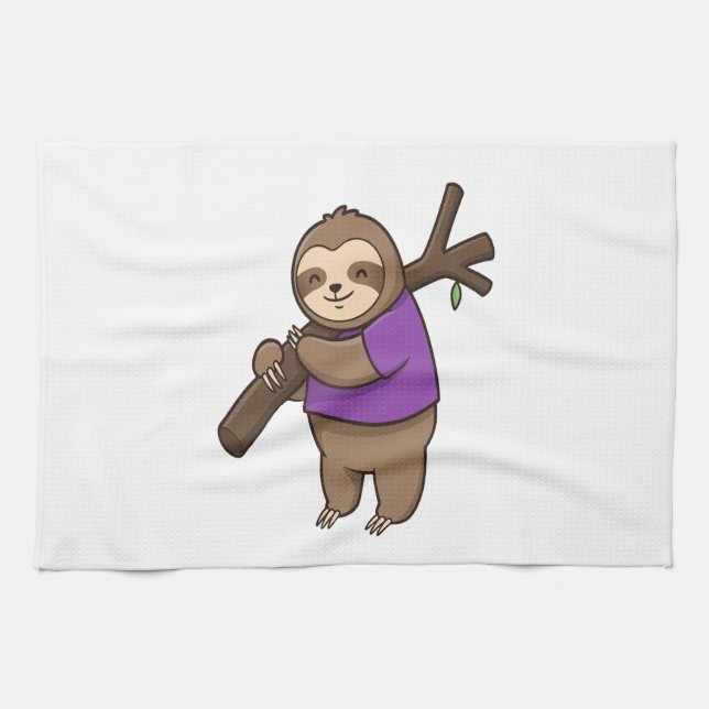 Sloth Hugging Tree Branch Wearing Purple Tea Towel (Horizontal)
