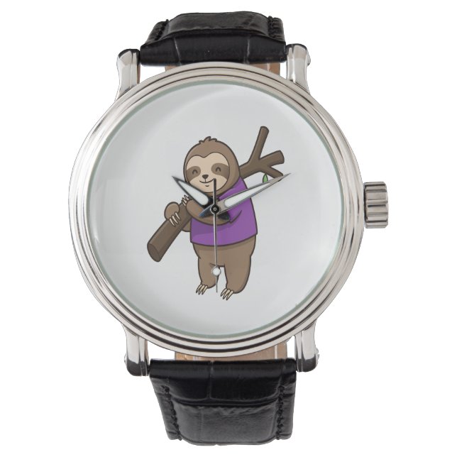 Sloth Hugging Tree Branch Wearing Purple Watch (Front)