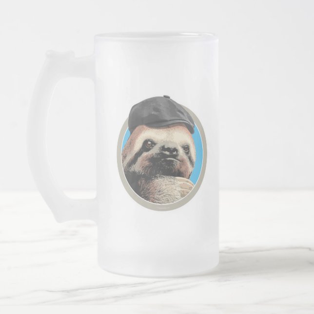 Sloth (in Baker Boy hat) Frosted Glass Beer Mug (Left)