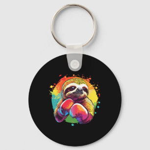 Sloth In Boxing Gloves Rainbow Background Key Ring