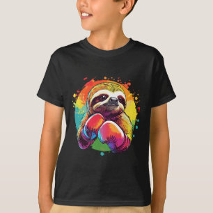Sloth In Boxing Gloves Rainbow Background T-Shirt
