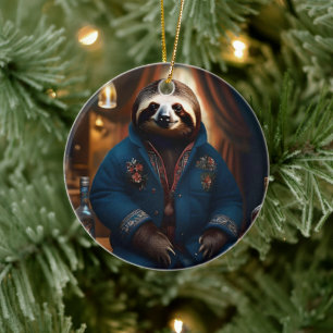 Sloth In His Drinking Jacket, Ceramic Tree Decoration
