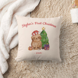 Sloth in Santa Hat Baby's First Christmas Cushion