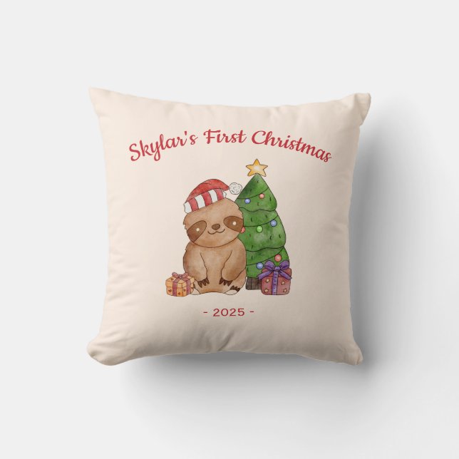 Sloth in Santa Hat Baby's First Christmas Cushion (Front)