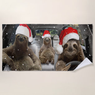 Sloth Is Driving Car Christmas Snow Xmas Season Beach Towel