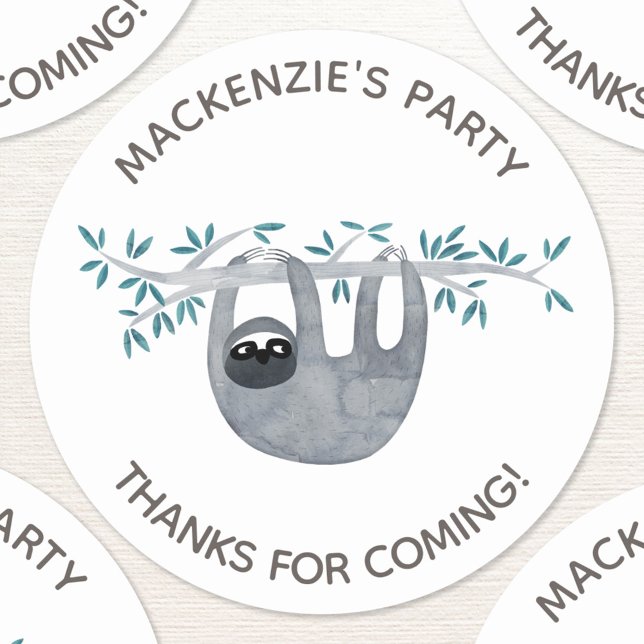 Sloth Jungle Birthday Party Thank You Classic Round Sticker (Sloth jungle custom text personalized kids birthday party thank you sticker)