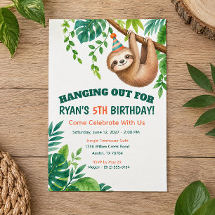 Sloth Jungle Green Hanging Out Birthday Party Invitation