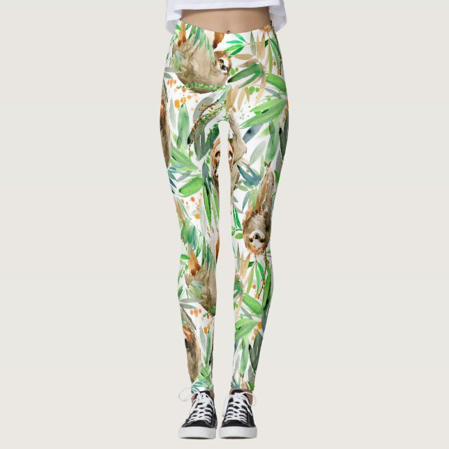 Sloth Jungle Watercolor  Leggings (Front)