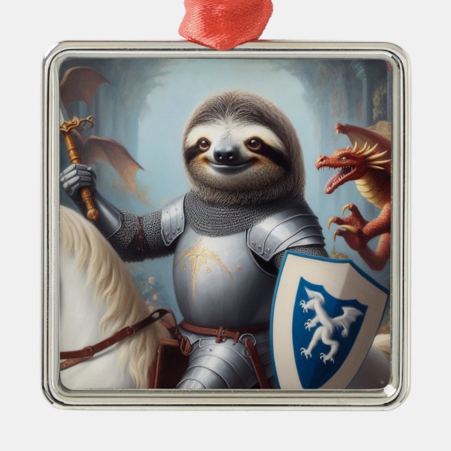 Sloth Knight Fighting Dragons Metal Tree Decoration (Front)