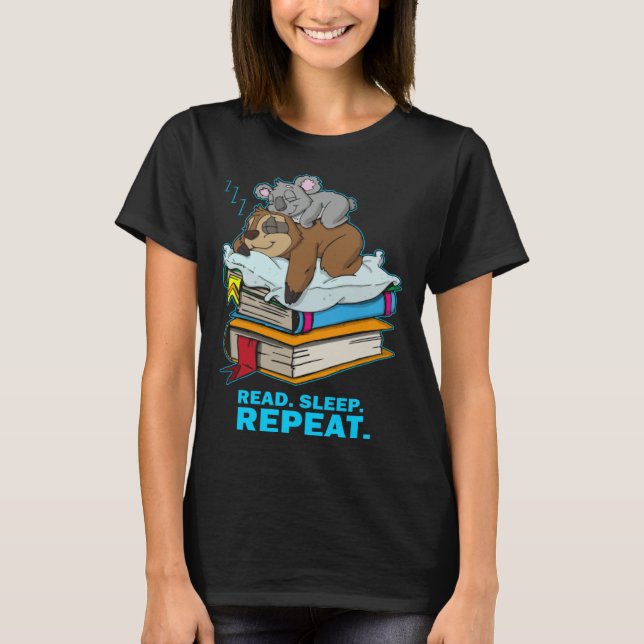 Sloth Koala Bear Sleeping Reading Books T-Shirt (Front)