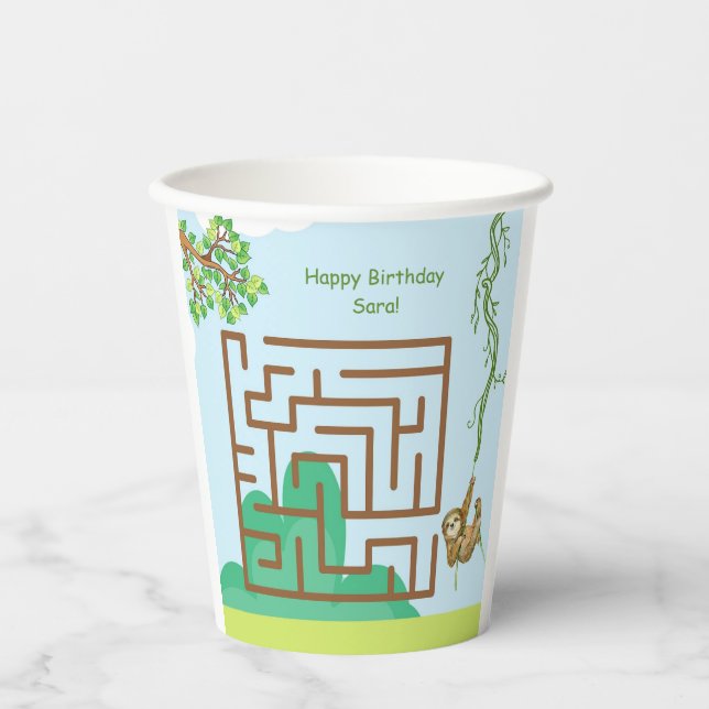 Sloth, leaves maze puzzle birthday paper cups (Front)