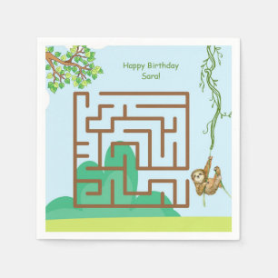 Sloth, leaves maze puzzle birthday paper napkins