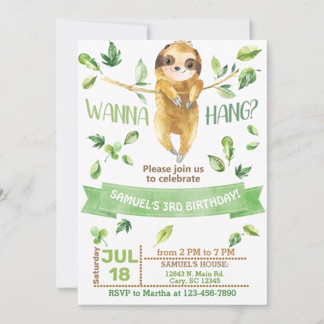 Sloth let's hang out boy invitation. invitation (Front)