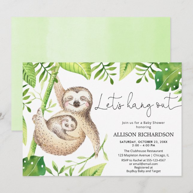 Sloth Let's Hang Out gender neutral baby shower Invitation (Front/Back)