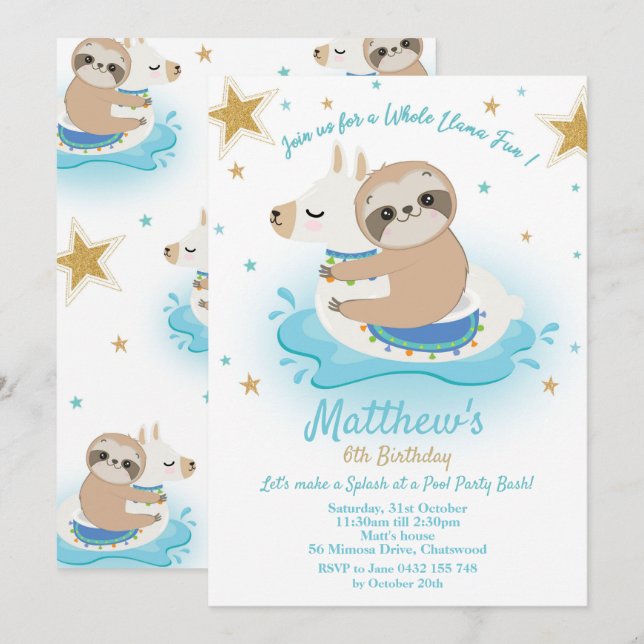 Sloth Llama Pool Party Birthday Invitation Boys (Front/Back)