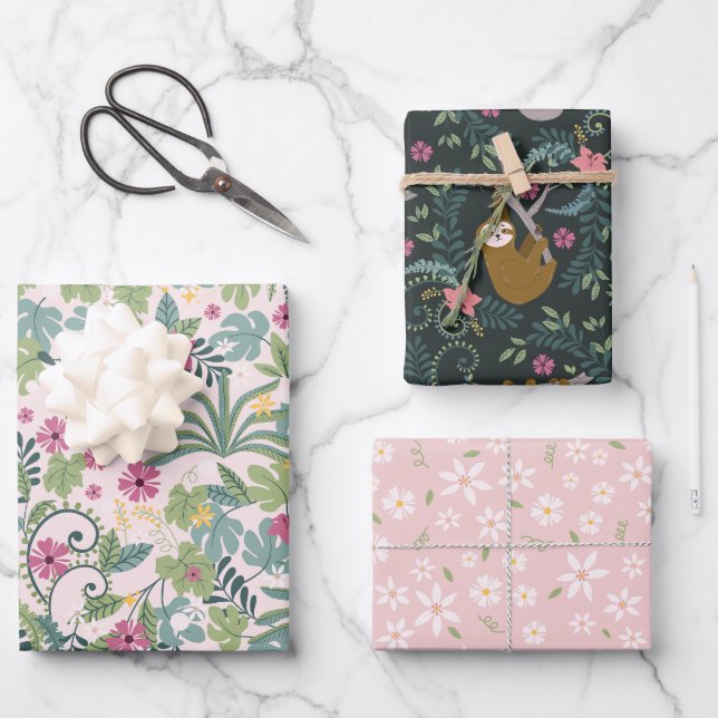 Sloth Love Jungle Flowers Wrapping Paper Sheet (Front)