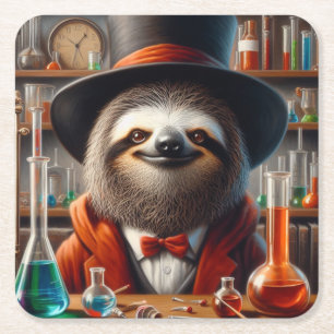 Sloth Mad Scientist Square Paper Coaster