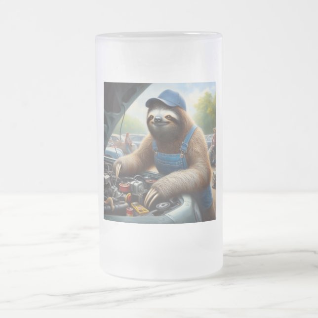Sloth Mechanic Frosted Glass Beer Mug (Center)