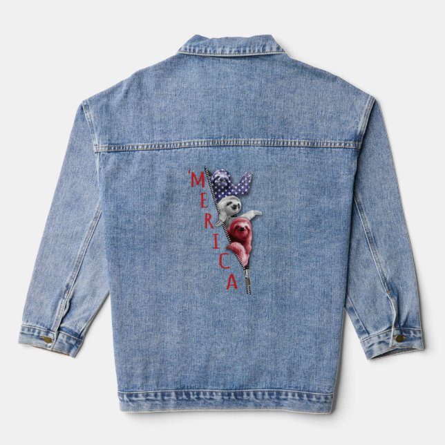 Sloth Merica Sloth In Zipper Graphic American Flag Denim Jacket (Back)