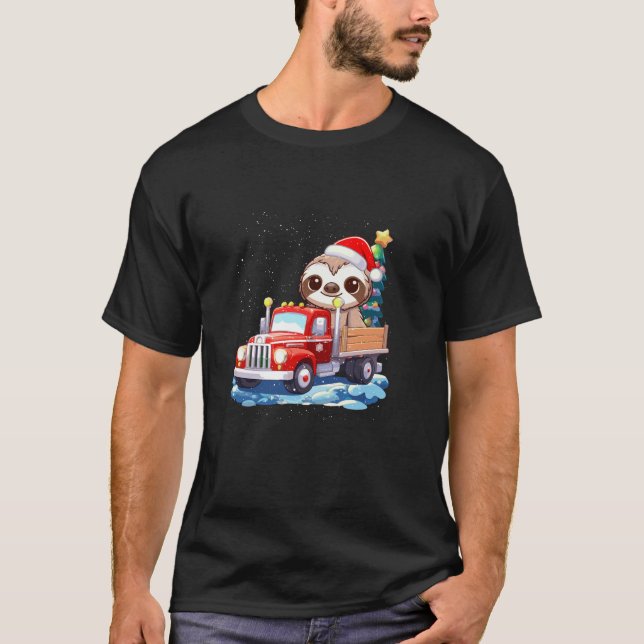 Sloth Merry Christmas Tree Lights Truck Ugly X Mas T-Shirt (Front)