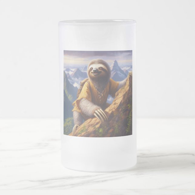 Sloth Mountain Climbing Frosted Glass Beer Mug (Center)