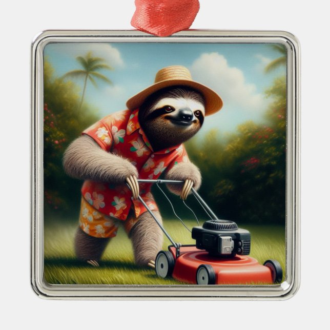 Sloth Mowing Lawn Metal Tree Decoration (Front)