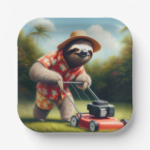 Sloth Mowing Lawn Paper Plate