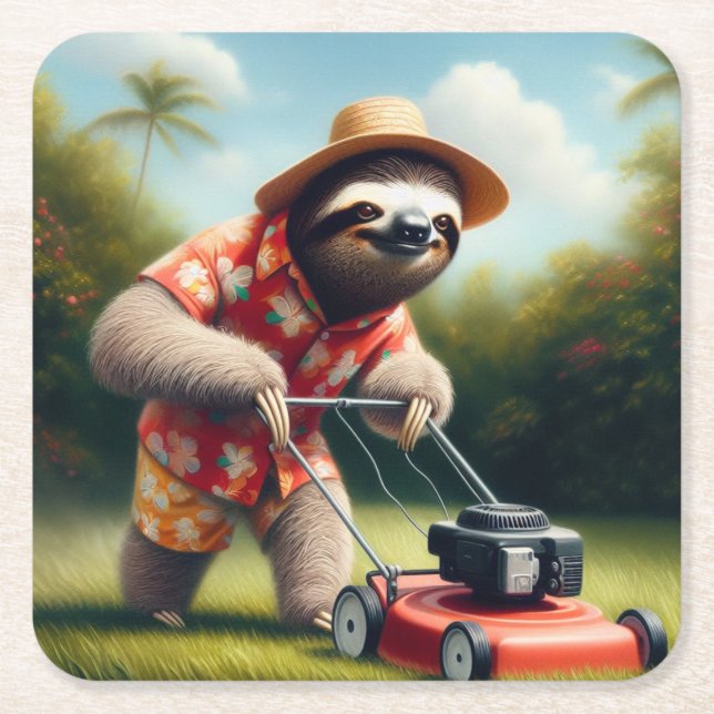 Sloth Mowing Lawn Square Paper Coaster (Front)