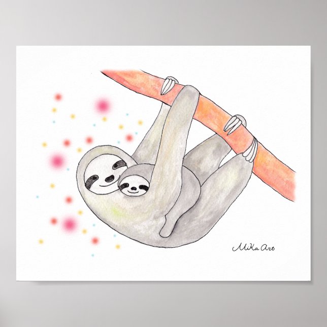 Sloth Mum and Baby Poster Unique Sloth Nursery Art (Front)