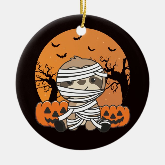 Sloth Mummy Pumpkin Sloths Happy Halloween Ceramic Tree Decoration (Front)