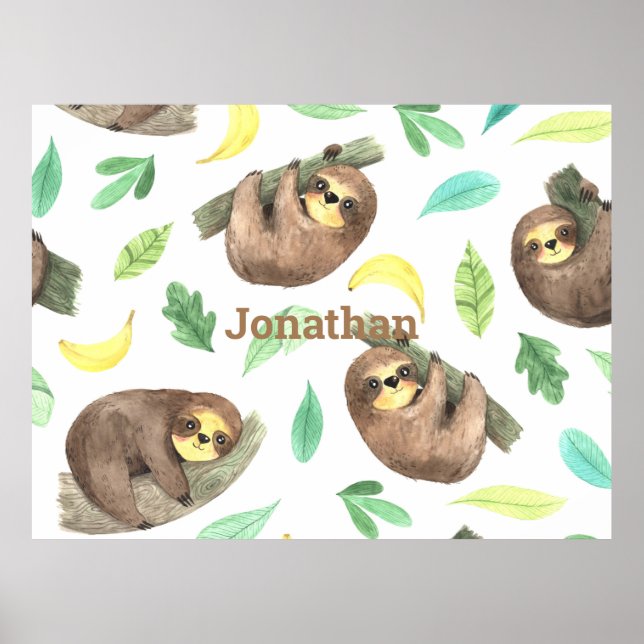 Sloth on a Branch Bananas Animal Name Poster (Front)
