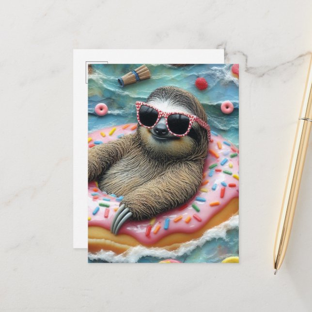 Sloth on a Doughnut Float Postcard (Front/Back In Situ)