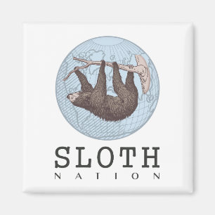 Sloth on Tree and Globe with Sloth Nation Text Magnet