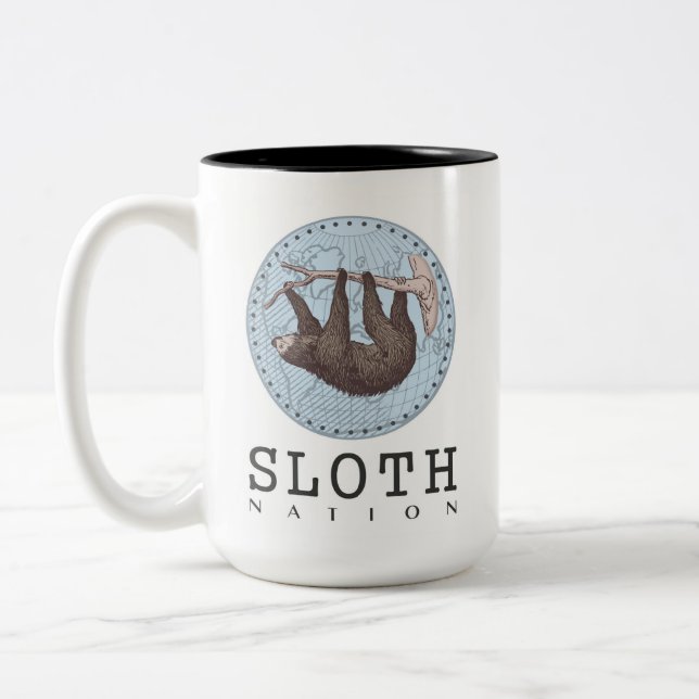 Sloth on Tree and Globe with Sloth Nation Text Two-Tone Coffee Mug (Left)