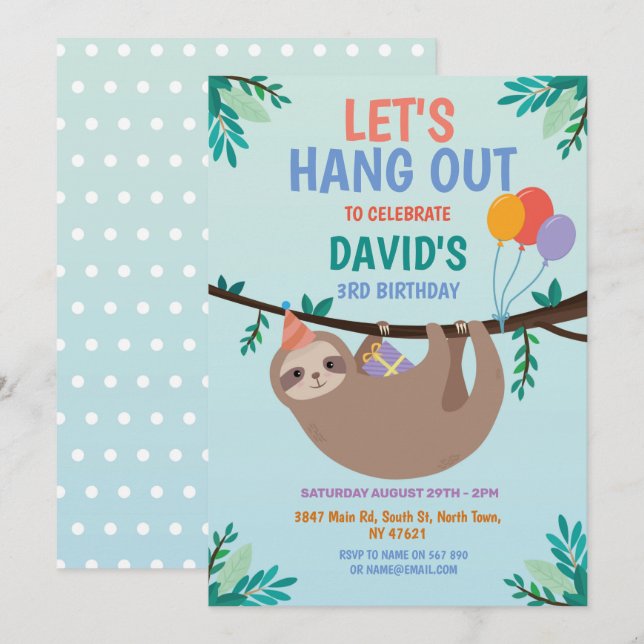 Sloth Party Birthday Let's Hang Out Blue Invitation (Front/Back)