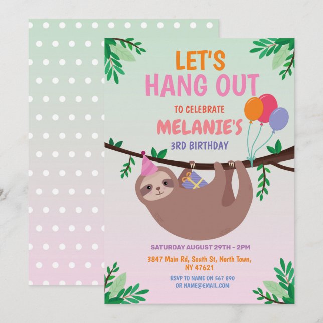 Sloth Party Birthday Let's Hang Out Pink Invitation (Front/Back)