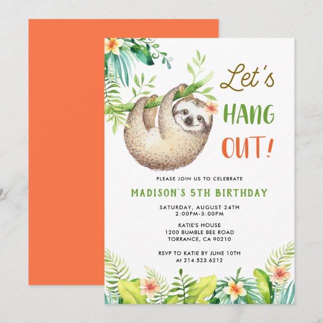 Sloth Party | Hanging Sloth Girl Birthday Party Invitation (Front/Back)
