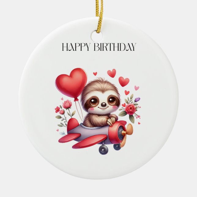 Sloth Pilot Birthday Ceramic Tree Decoration (Front)