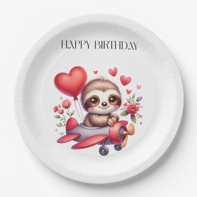 Sloth Pilot Birthday Paper Plate (Front)