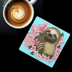 Sloth Pink Flowers Glass Coaster
