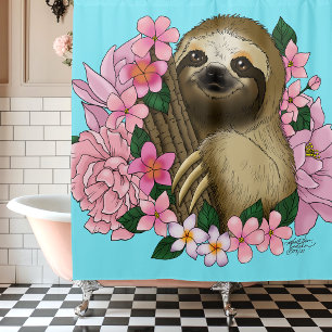 Sloth Pink Flowers Shower Curtain