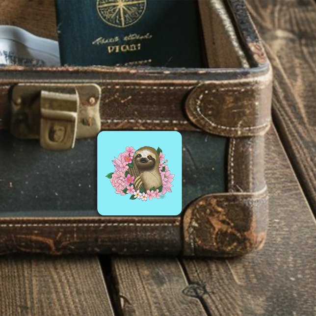 Sloth Pink Flowers Square Sticker (Creator Uploaded)