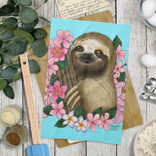 Sloth Pink Flowers Tea Towel