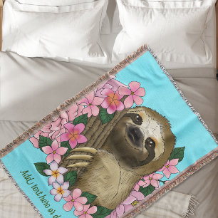 Sloth Pink Flowers Throw Blanket