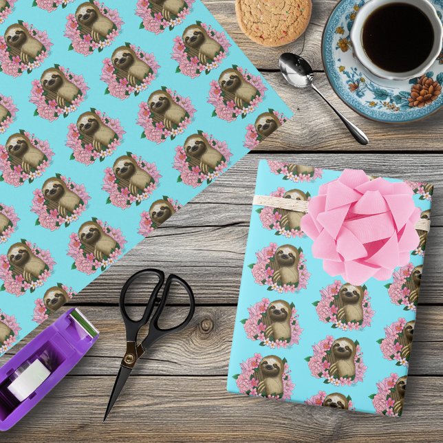 Sloth Pink Flowers Wrapping Paper (Creator Uploaded)
