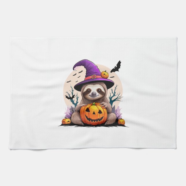 Sloth Pink Hat Halloween Tea Towel (Horizontal)