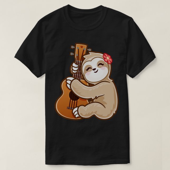 Sloth Playing Acoustic Ukulele Guitar adorable Cut T-Shirt (Design Front)